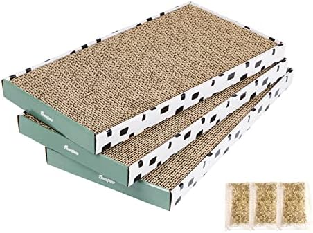 Three pieces of reversible corrugated scratching board pads stacked together with included catnip packets