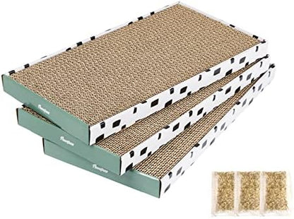 Three pieces of reversible corrugated scratching board pads stacked together with included catnip packets