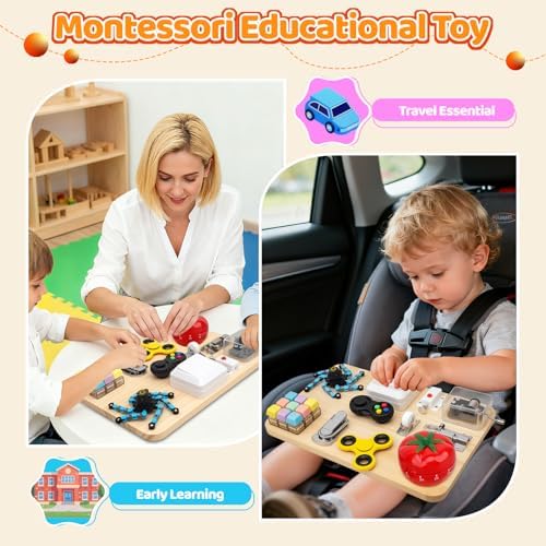 ABERLLS portable 11 inch wooden busy house board highlighting lightweight construction for airplane and car travel