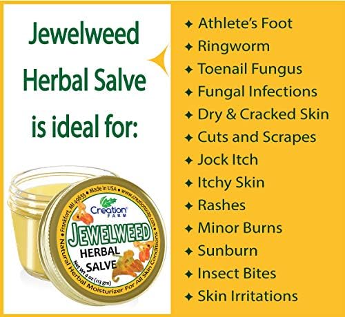 Creation Pharm Jewelweed Salve jar opening displaying the rich herbal texture