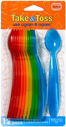 Multicolor infant spoons arranged to show shallow bowl design