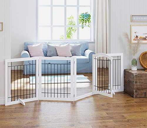 Spirich white four panel pet gate with open walk through door showing lockable latch