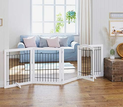 Spirich white four panel pet gate with open walk through door showing lockable latch