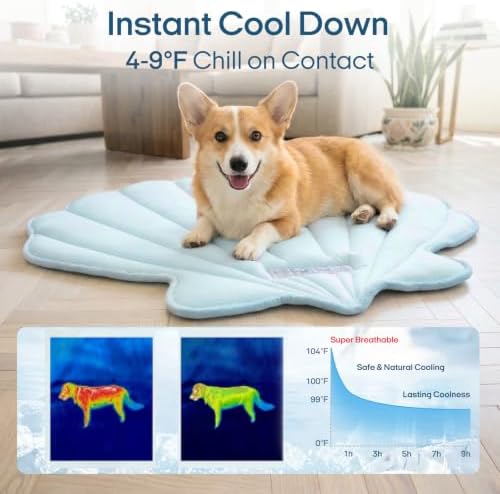 Large dog resting comfortably on the Vagascape leaf cooling mat indoors