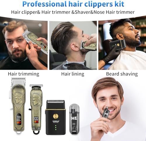 HIENA PRO rechargeable barber kit showing the USB data cables and cleaning brushes