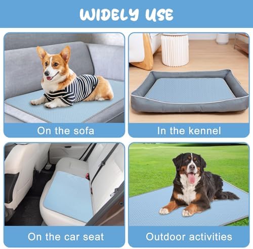 Small dog resting comfortably on the Buvlnee 24x18 inches cooling pad inside a crate.