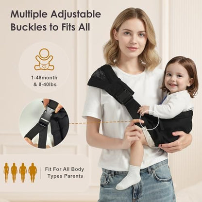Side view of lightweight toddler hip carrier featuring the secure double safety buckle closure.