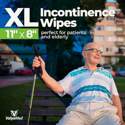 ValyaMed incontinence cloths for elderly care showcasing the eleven by eight inches dimension breakdown.