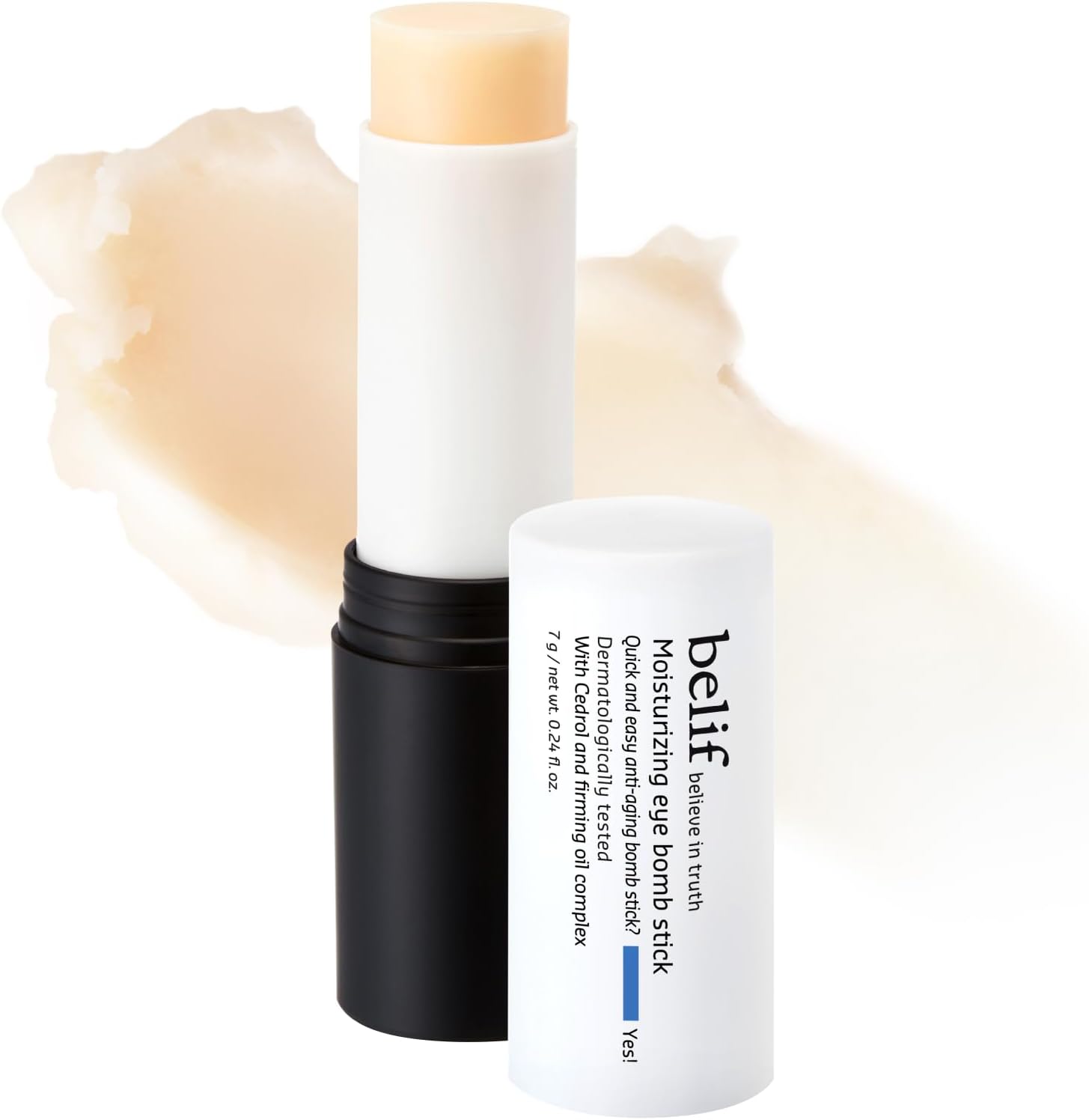 Belif Moisturizing Eye Bomb Stick front view showing authentic packaging for anti-aging skincare.