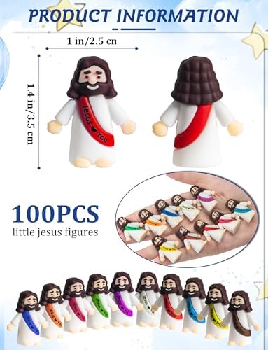 Close-up view of premium mini Jesus figurines showing distinct colored sashes with legible inspirational print.