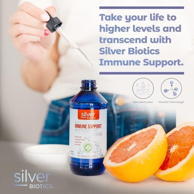 American Biotech Labs Silver Biotics clear liquid texture and bottle showcase