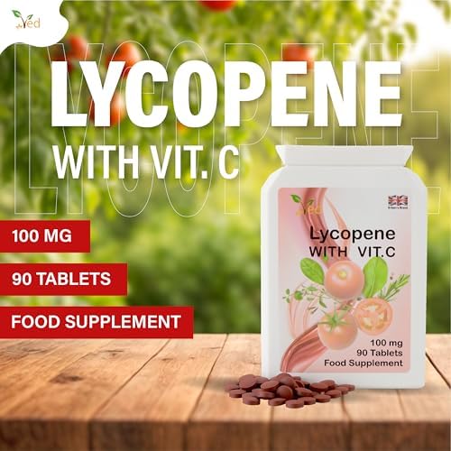Close up of Ved Lycopene tablets highlighting non-GMO and allergen-free features