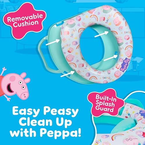 Side view of the Peppa Pig standard size toilet trainer highlighting the easy to grip safety handles.