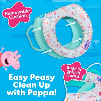 Side view of the Peppa Pig standard size toilet trainer highlighting the easy to grip safety handles.
