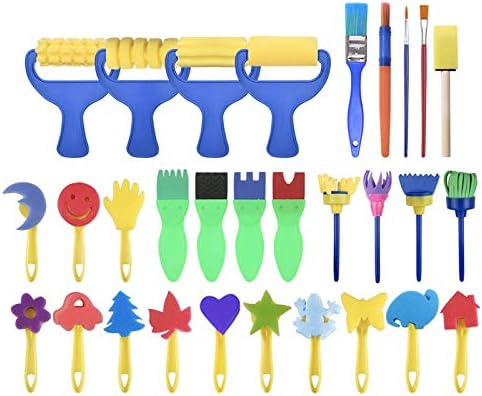 Children's foam rollers and shaped sponge stamps from the early learning art kit spread out on a table