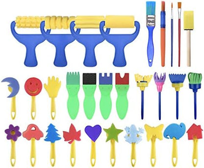 Children's foam rollers and shaped sponge stamps from the early learning art kit spread out on a table
