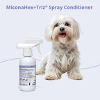 Authentic imported USA pet spray conditioner packaging close up view.