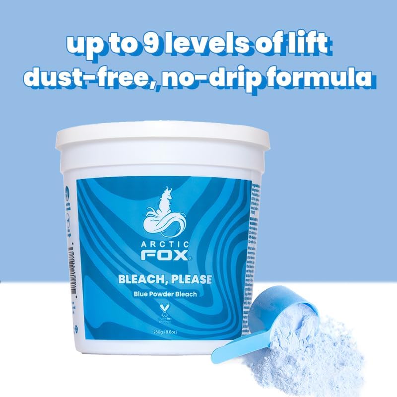 Arctic Fox anti-brass blue powder hair lightener container showing vegan and cruelty-free symbols