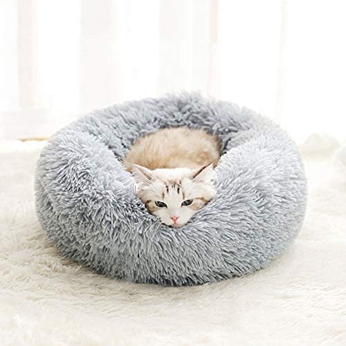 Modern Soft Plush Round Pet Bed for Cats or Small Dogs, Mini Medium Sized Dog Cat Bed Self Warming Autumn Winter Indoor Snooze Sleeping Cozy Kitty Teddy Kennel (20'' D x 8'' H, Light Grey) - Image 3
