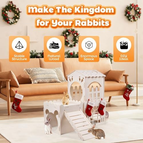 Large Rabbit House, Wooden Bunny Castle with 3 Houses Indoor, Rabbit Guinea Pig Cage Multistory Climbing Tower Sturdy Wooden Castle, Small Animal Hideaway Tunnel - Image 5