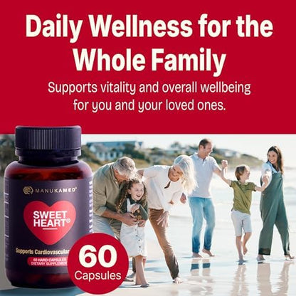Close-up view of Sweetheart 60 capsules packaging highlighting cholesterol and triglyceride support.