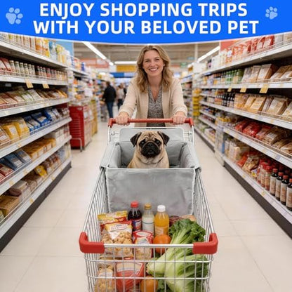 Pet sitting comfortably in shopping cart with safety strap
