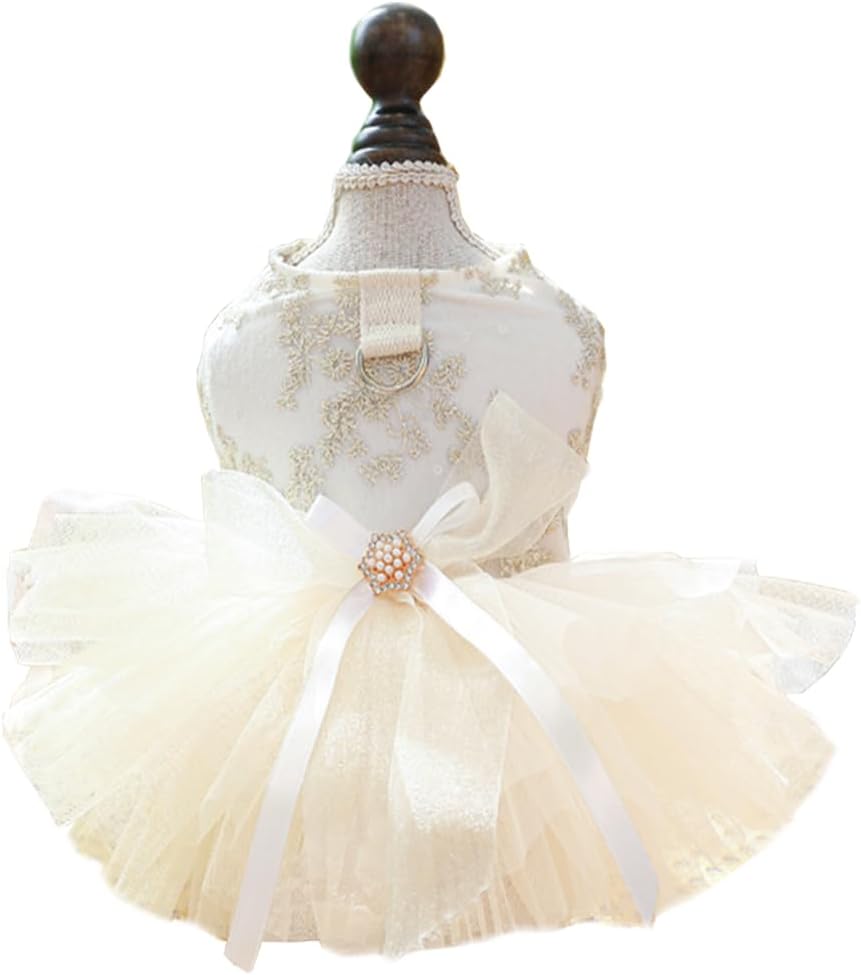 ANIAC embroidered dog dress front view featuring champagne tulle skirt.