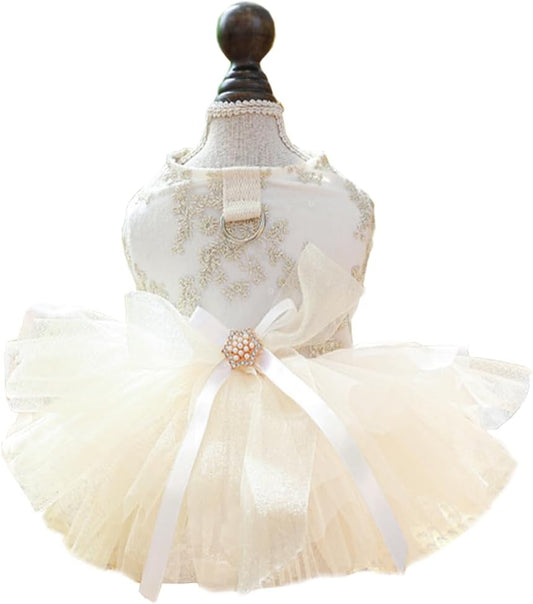 ANIAC embroidered dog dress front view featuring champagne tulle skirt.