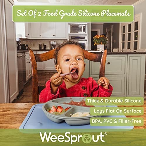 Toddler feeding setup featuring the food grade WeeSprout silicone mat with bowls and snacks