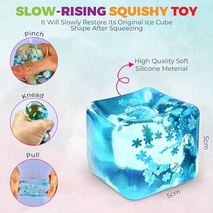 Close up view of the slow rise silicone squishy fidget toy being squeezed in a hand for anxiety relief