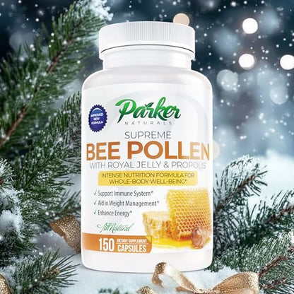 Side angle view of the Parker Naturals Bee Pollen Royal Jelly bottle highlighting the nutritional supplement facts.