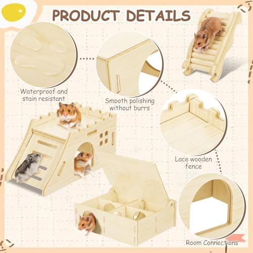 BreezeHug 4 Pcs Hamster Platform Hideout Wooden Tunnel Ladder Playhouse Hamster Game Climbing Toy with Platform Cage Accessories for Pets Dwarf Syrian Mice Degus Gerbils Squirrel(Castle) - Image 4
