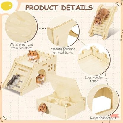 BreezeHug 4 Pcs Hamster Platform Hideout Wooden Tunnel Ladder Playhouse Hamster Game Climbing Toy with Platform Cage Accessories for Pets Dwarf Syrian Mice Degus Gerbils Squirrel(Castle) - Image 4