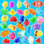Different shapes of imported kawaii animal and fruit squishies highlighting their vibrant colors and soft texture.