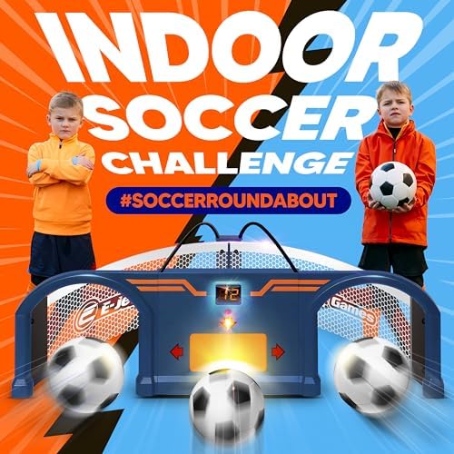 Children playing with the electronic soccer roundabout trainer inside a modern living room.