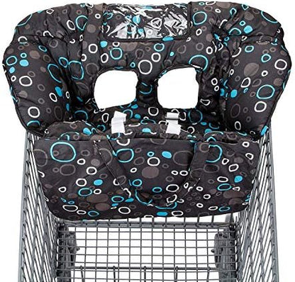Close-up of the clear phone pocket and toy mounting loops on the baby seat cover.
