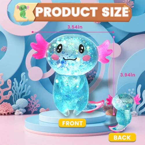 Close up view of the clear blue sensory toy body highlighting the shiny glitter filling