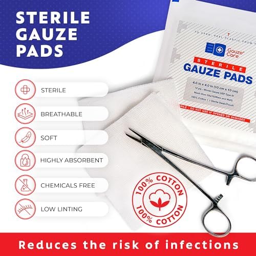 Twelve ply woven cotton gauze sponges individually wrapped for sterile first aid use