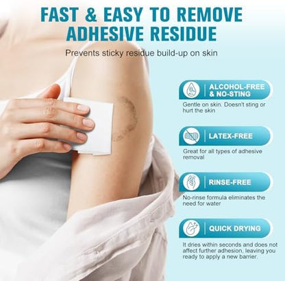 Individually wrapped no-sting skin adhesive remover pads for sensitive skin.