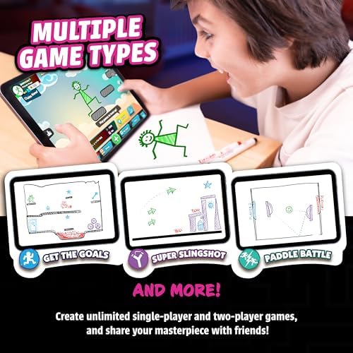 Five washable markers and interactive stickers included in the game creation studio.