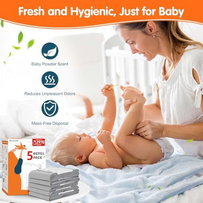 Eight pack premium imported diaper refills displaying twenty percent extra length capacity.