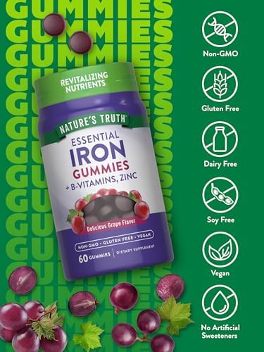Vegan grape flavored iron gummies bottle showing non-GMO and gluten-free seals