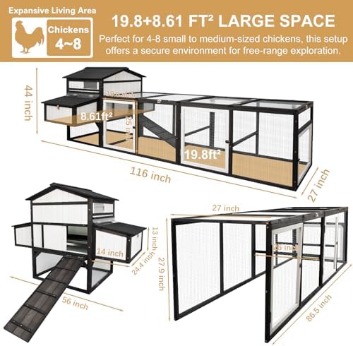 PetsCosset 116" L Large Chicken Coop and Run, Hen House with 4 Nesting Box Boxes, Rabbit Hutch Poultry Bunny Cage for 4-6 Chickens with 4 Perches, Removable Tray and Ramp and UV-Resistant Roof Panel - Image 3