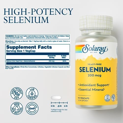 Solaray Selenium 200mcg yeast free dietary supplement label showing ingredient facts