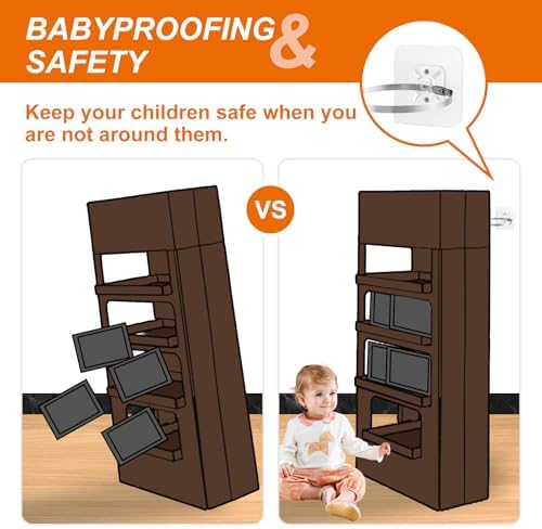 Adjustable metal straps with self locking ball bearing mechanism connecting a bookshelf securely to the wall.