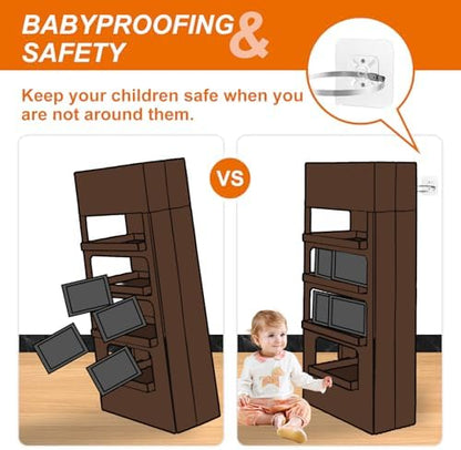 Adjustable metal straps with self locking ball bearing mechanism connecting a bookshelf securely to the wall.