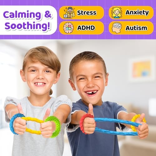 Four vibrant colored sensory bracelets from Small Fish