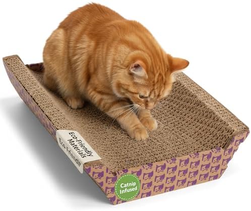 SmartyKat corrugated cardboard cat scratching pad showing the unique contoured chaise lounge shape.