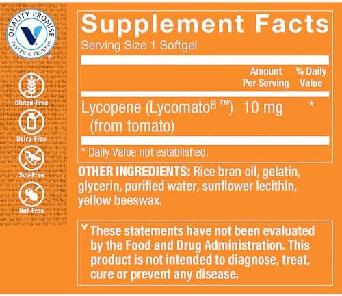 The Vitamin Shoppe Lycopene 180 softgels dietary supplement packaging with product benefits