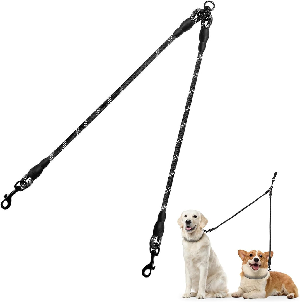 Taglory Double Dog Leash Coupler front view showing black reflective braided nylon rope.